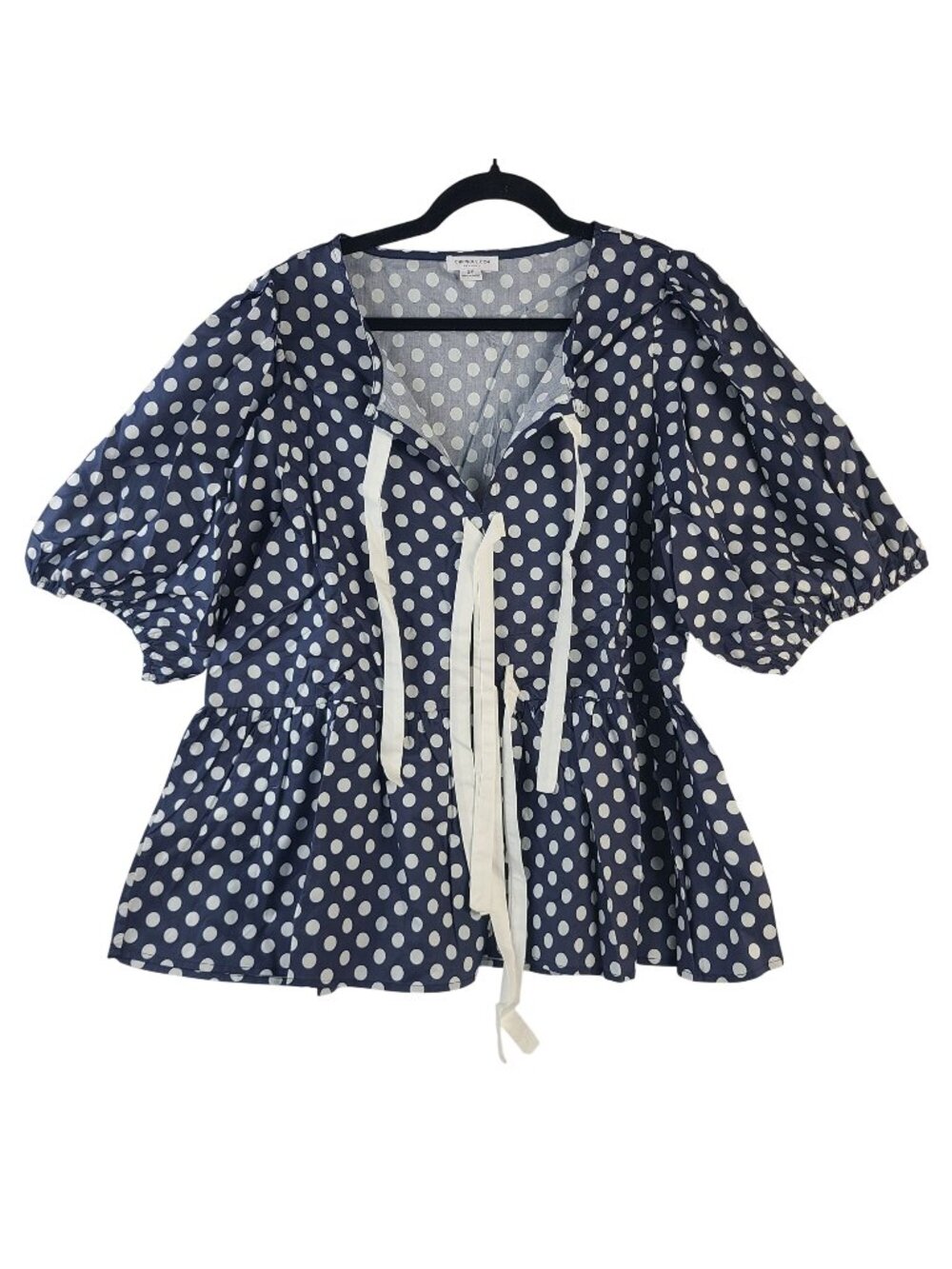 NEW ChicSoul Polka Dot Navy Puff Sleeve Peplum Top Sz 3X 100% Cotton